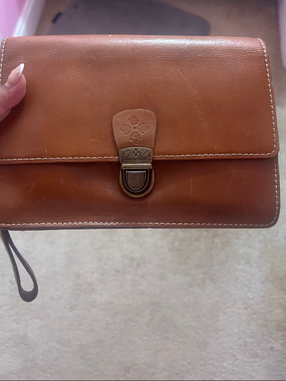Patricia Nash Cognac Leather Wristlet Wallet with Antiqued Brass Clasp